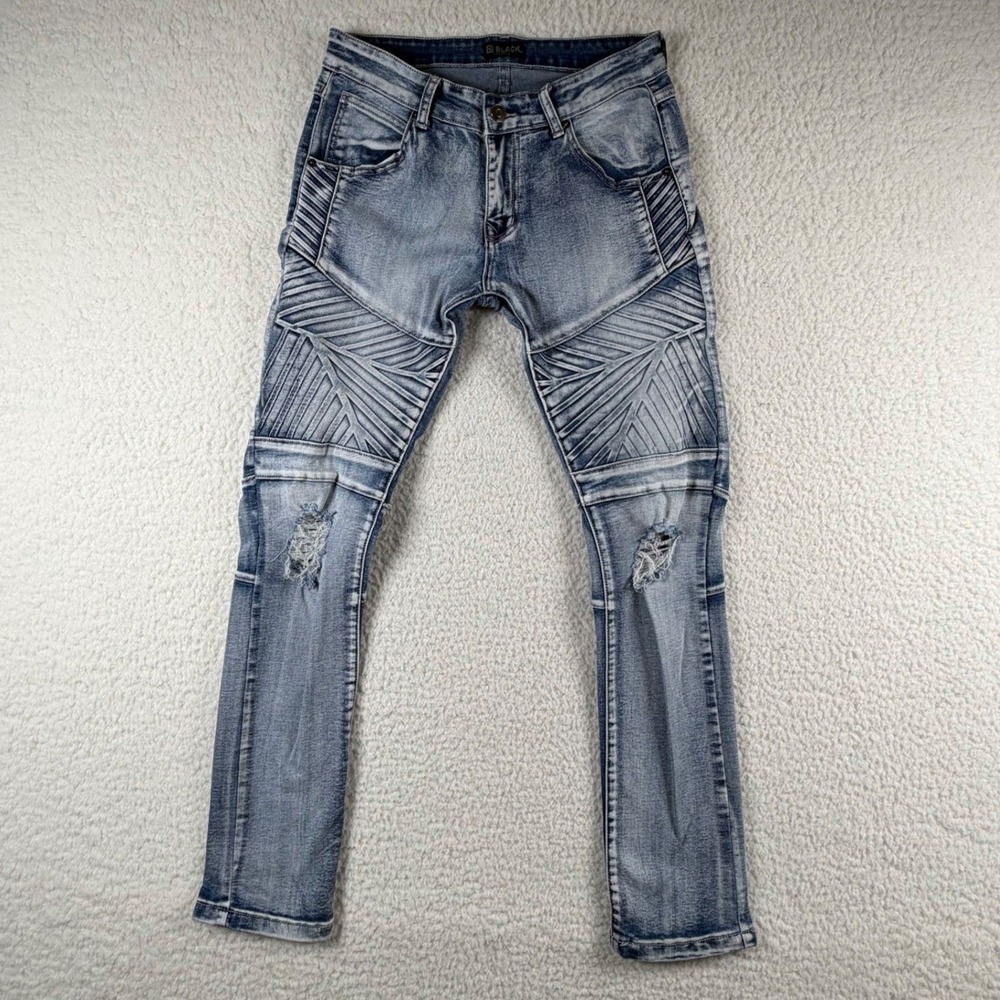 Black Premium Skinny Flex Moto Jeans Mens 30 Light Wash Distressed Biker Pants